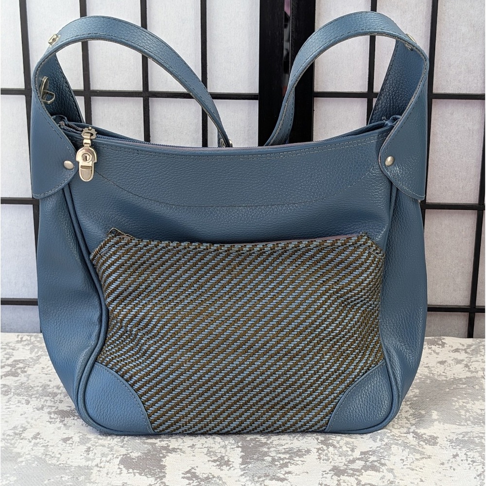 Stylish Blue Leather Shoulder Bag with Textured‎ Front Panel